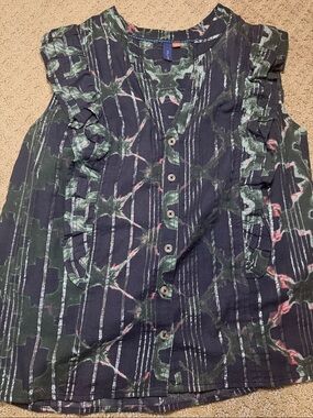 Pilcro Black Floral-Print Ruffle Button-Down Top with Green and Pink Accents